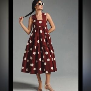 Anthropologie Burgundy and White Polka Dot The Helena Tiered Midi Dress